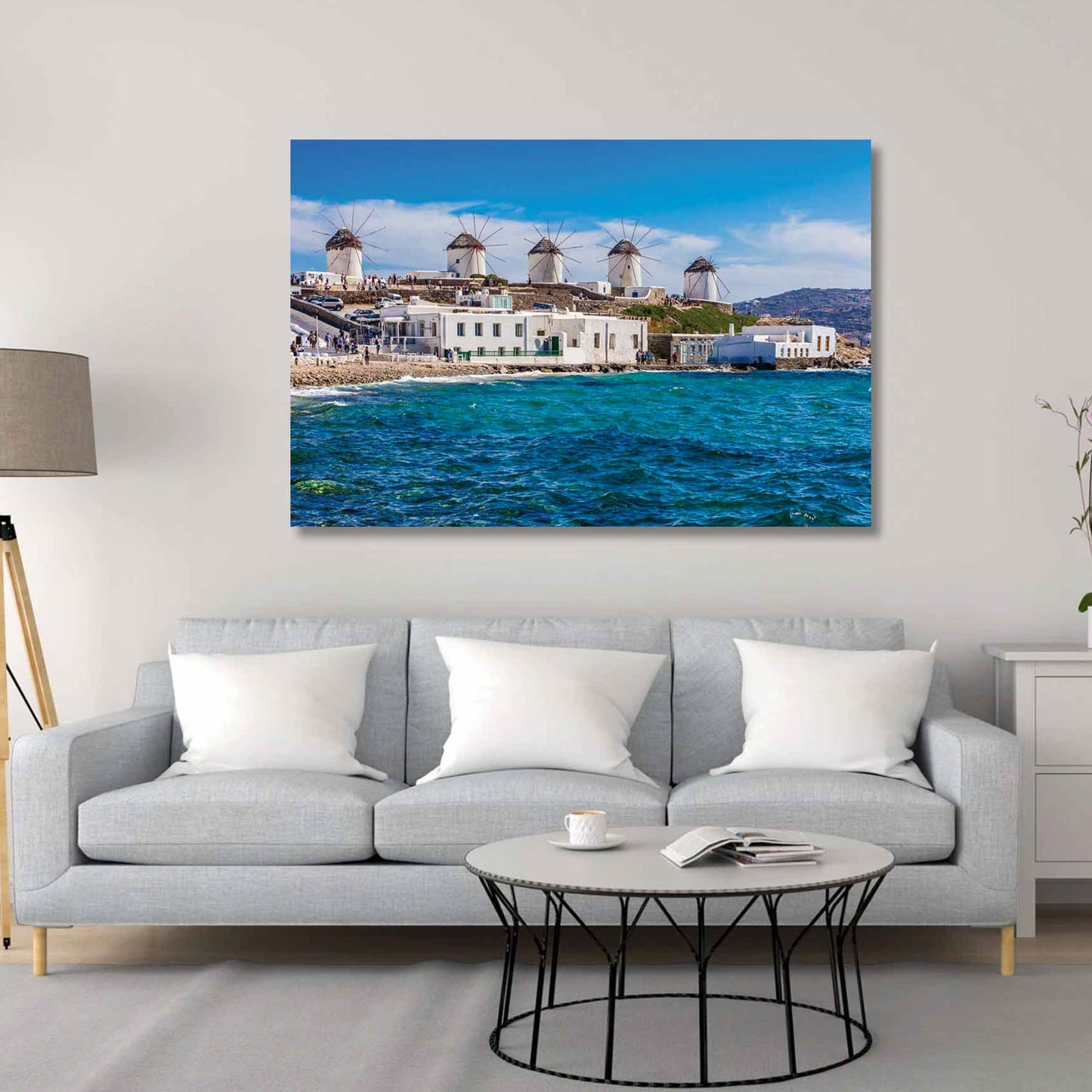 SU-82019 47X32 TG Windmills in Greece Wall Art on Tempered Glass