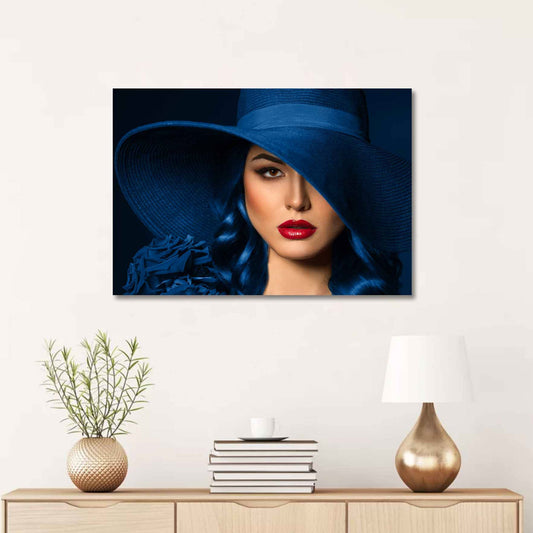 SU-82024 Women with Blue Hat Fine Wall Art on Tempered Glass